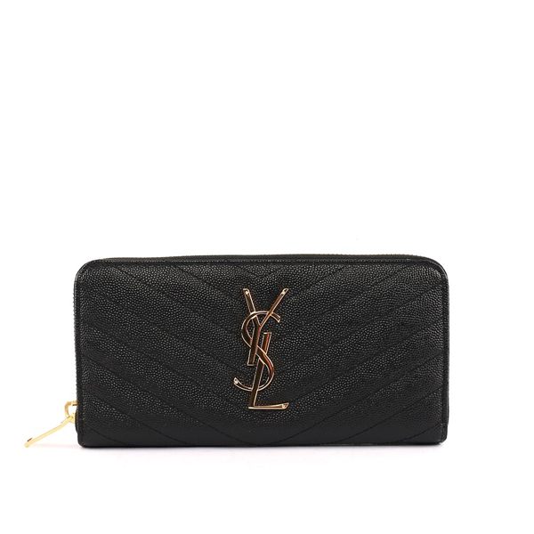 YSL 山形紋荔枝皮金字logoㄇ型拉鏈長夾